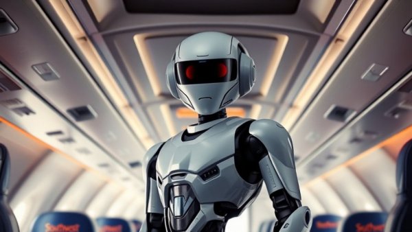 Southwest Airlines humanoid robot standing at airplane entrance.
