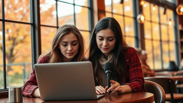 Two women using a laptop in a cozy cafe, AI Empowers Main Street Businesses.
