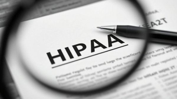 Magnifying glass focusing on HIPAA document, highlighting privacy.