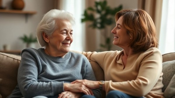 Aging adults providing comfort in a cozy living room setting.