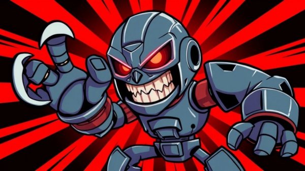 Cartoon robot with red eyes, symbolizing AI accountability.