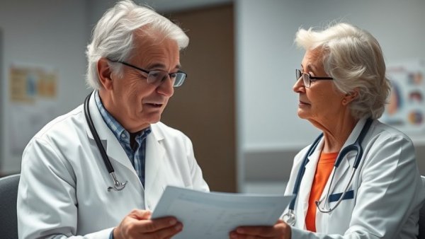 Elderly woman discussing kidney health with doctor in clinical setting.
