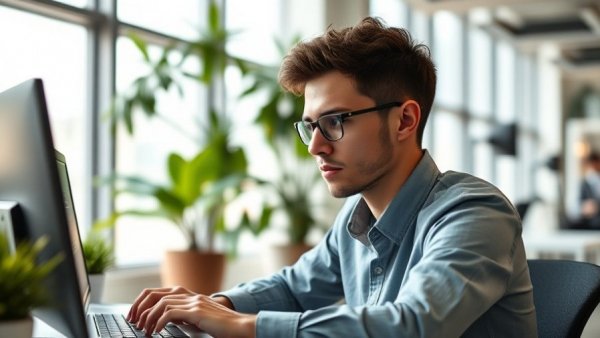Young professional working on DIY AI in modern office environment.