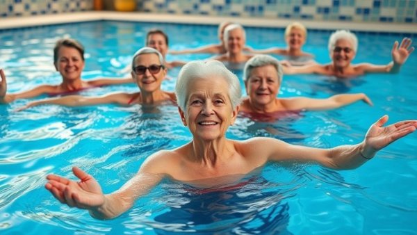 Seniors enjoying water aerobics in a bright pool setting.