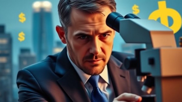 Businessman with microscope and city skyline, business valuation concept.