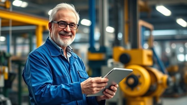 Small business confidence: Man in factory holding tablet.