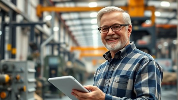 Small Business Confidence depicted by an older man in a factory holding a tablet.