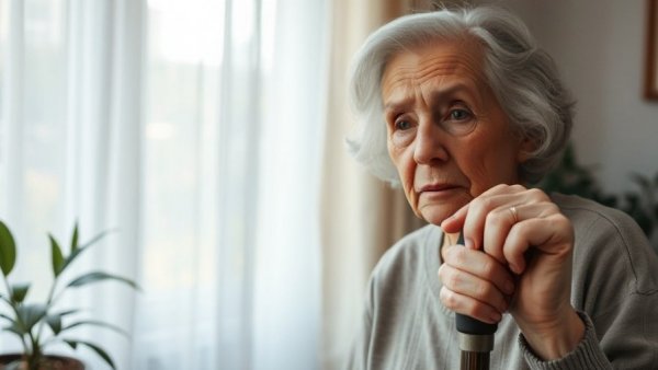 Aging woman holding a cane, concerned expression, focuses on causes of paranoia.