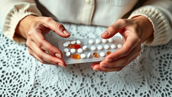 Elderly hands organizing pills for geriatric care medication review.