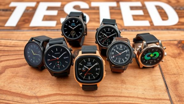 Modern smartwatches with diverse faces on a wooden surface, 'TESTED' background.
