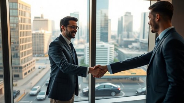Businessmen handshake symbolizing M&A Trends for 2026 in a city office.