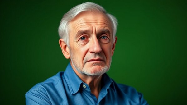 Elderly man pondering common problems for healthy aging, blue shirt.