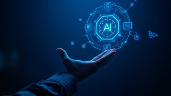 Futuristic AI interface in hand, technology concept.