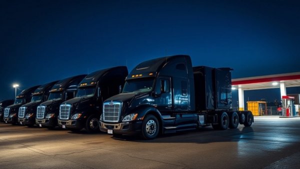 Trucks refueling at night fuel station under bright lights.