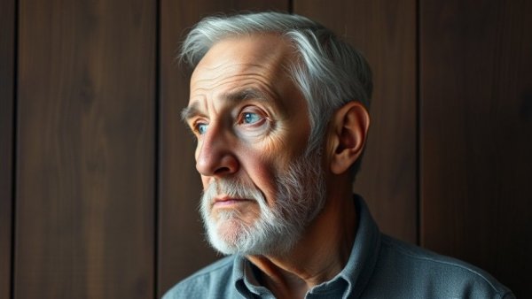 Thoughtful elderly man contemplative expression against wooden backdrop
