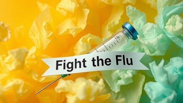 Banner 'Fight the Flu' with injection against a vibrant background.