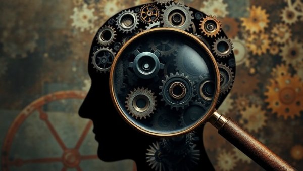 Intricate gear-filled head under magnifying glass illustrating cognitive impairment in aging.