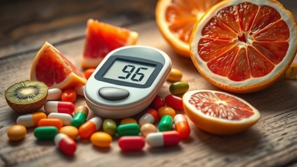 Type 2 Diabetes Medications for Older Adults depicted with glucometer and fruits.