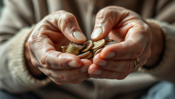 Elderly hands counting coins representing aging adults financial decline.