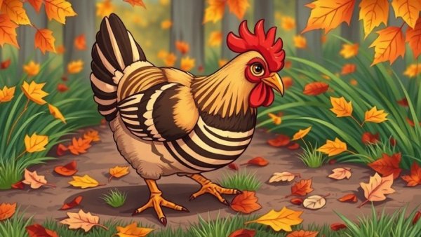 Colorful striped chicken pecking ground with autumn leaves, aging in place.
