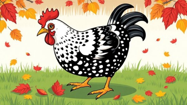 Illustrated chicken among autumn leaves, aging in place