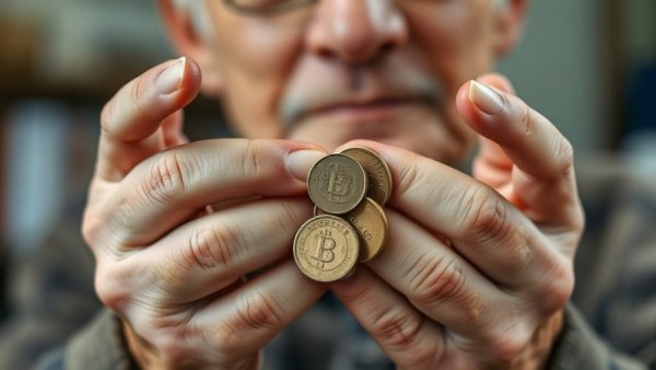 Elderly hands counting coins; financial decline among aging parents.