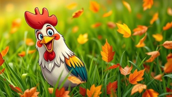 Cartoon rooster pecking amid autumn leaves.