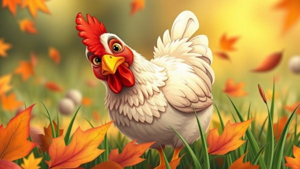 Cartoon chicken pecking grass with autumn leaves, Aging In Place.
