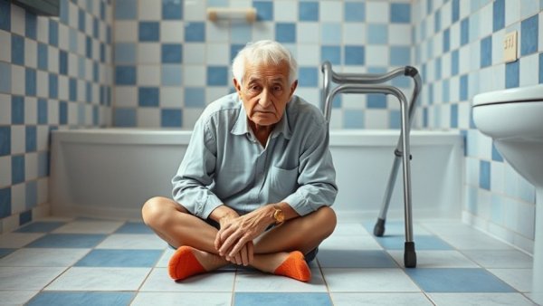 Elderly person sitting on bathroom floor with walker and slippers nearby, prevent injury from falls.