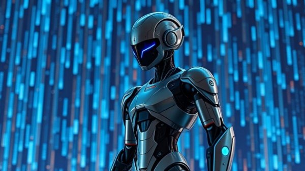 Futuristic humanoid robot in a digital matrix, reflecting technology trends for 2027.