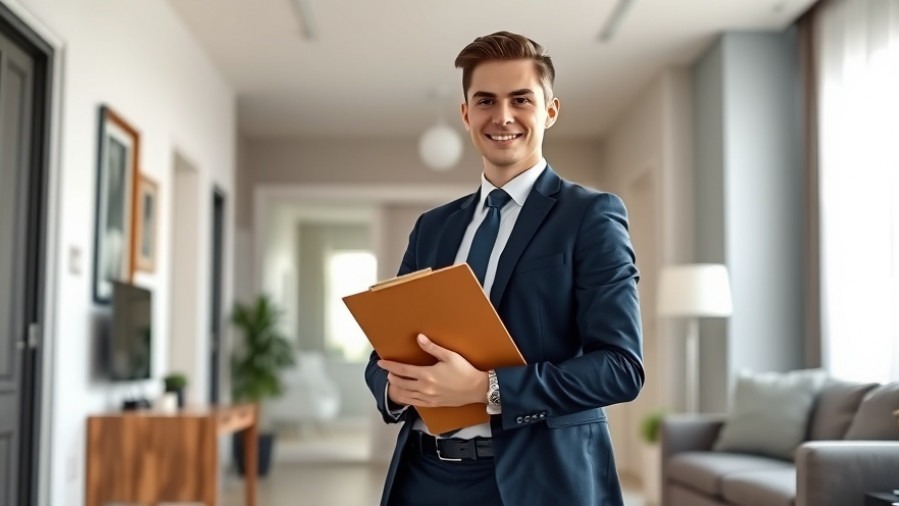 Confident property manager shaking hands with a client in a warm, modern office.