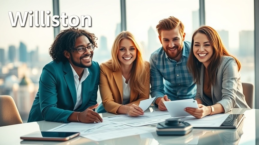 Williston: Group discussing rental properties, bright urban skyline backdrop.