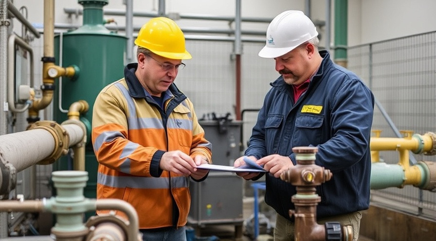 Environmental consultant and facility manager strategizing on sulfide treatment at wastewater plant