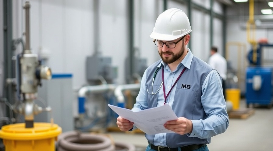 Environmental health and safety manager reviewing wastewater compliance documents