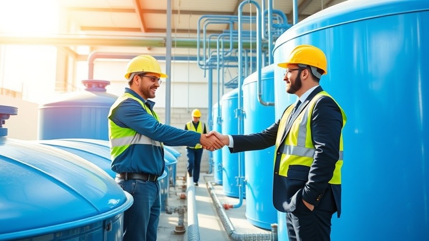 Technicians in safety gear at a clean water treatment facility, showcasing teamwork.