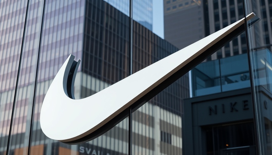 Nike branding on modern glass building with reflection.