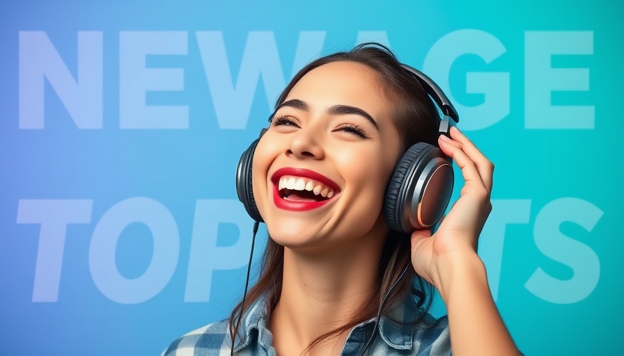 Vibrant young woman enjoying music with headphones, blue-green backdrop.