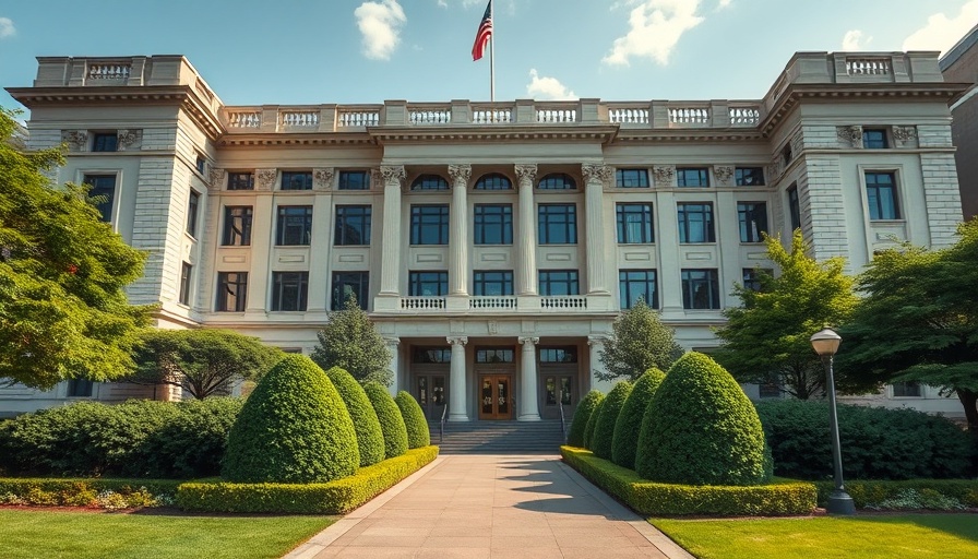 Imposing government building exterior under blue sky, Defense IT Modernization setting.