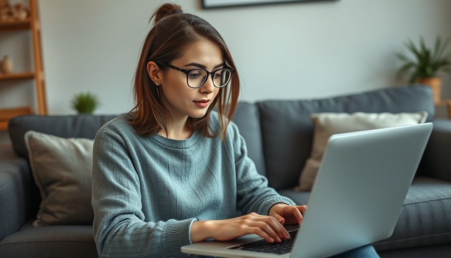 Young woman typing on laptop for webinar types in cozy room.