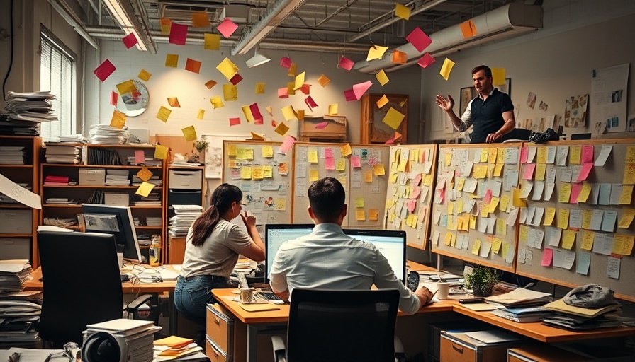 Chaotic office scene depicting agile failures with disorganized scrum boards.