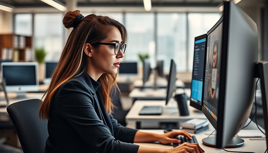 Professional woman working on computer in office, Disability Employment.