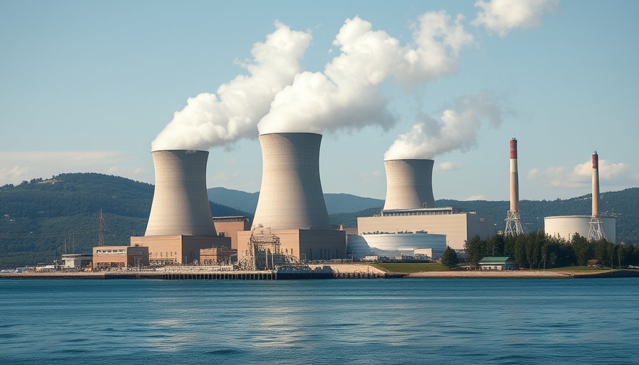 Nuclear power plant by the water, emphasizing nuclear energy.