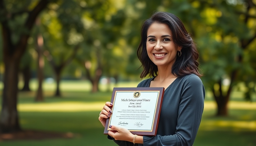 Woman holding award in lush park, smiling proudly.