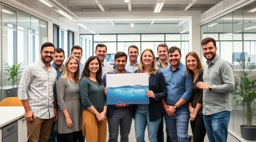 Diverse team celebrating waste water compliance success in modern office