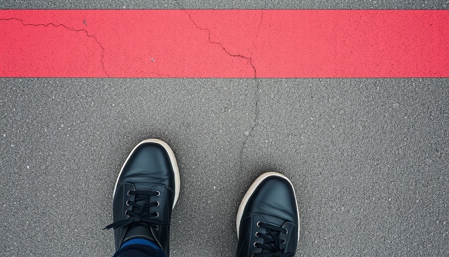 Black shoes on pavement near red line symbolizing workplace boundaries.