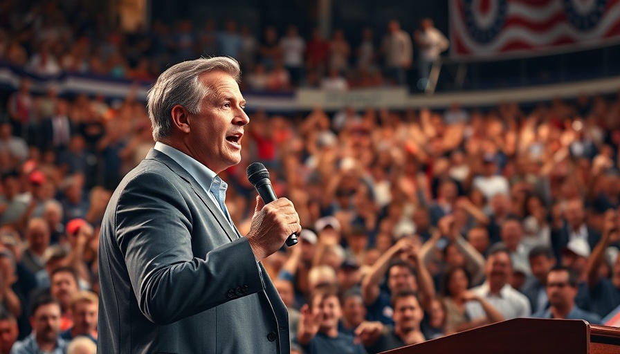 Speaker at political rally discussing Trump tariffs with crowd.