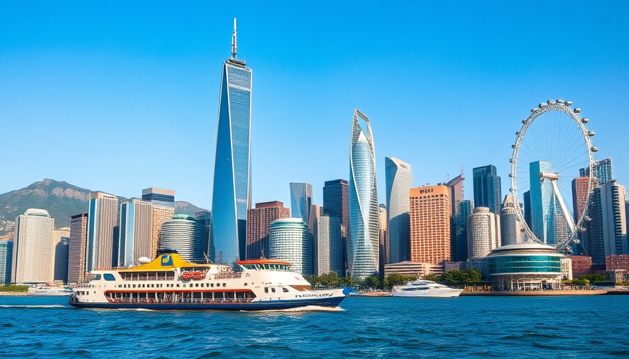 Vibrant cityscape with ferry and skyscrapers; Search Engine Marketing.