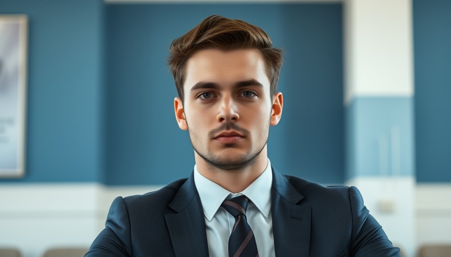 Young man seated in formal wear, neutral setting, renewable energy expert.