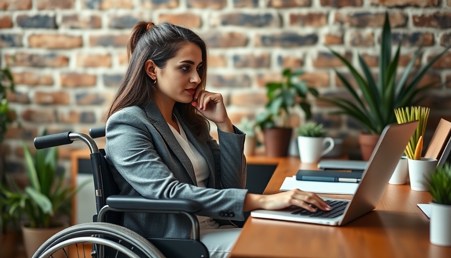 Woman in wheelchair working on laptop in sunny office, disclosing disability.