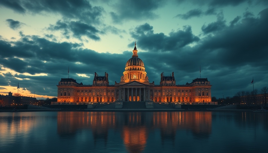 Illuminated government building reflection at night under cloudy sky.